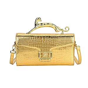 Gold Crocodile Embossed Faux Leather Crossbody Bag with Shoulder Strap