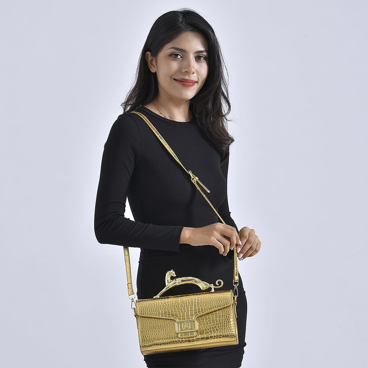 Gold Crocodile Embossed Faux Leather Crossbody Bag with Shoulder Strap image number 1