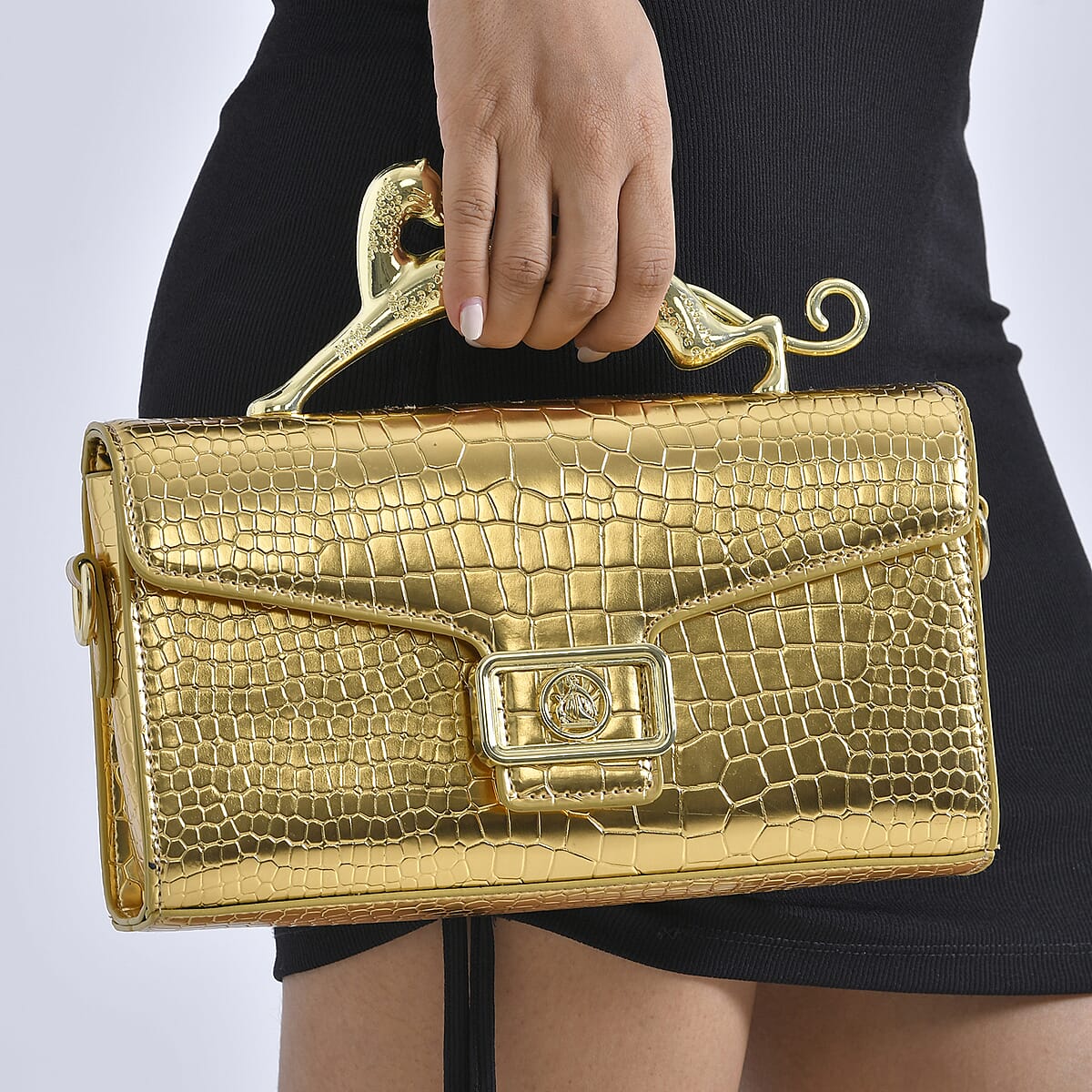Gold Crocodile Embossed Faux Leather Crossbody Bag with Shoulder Strap image number 2
