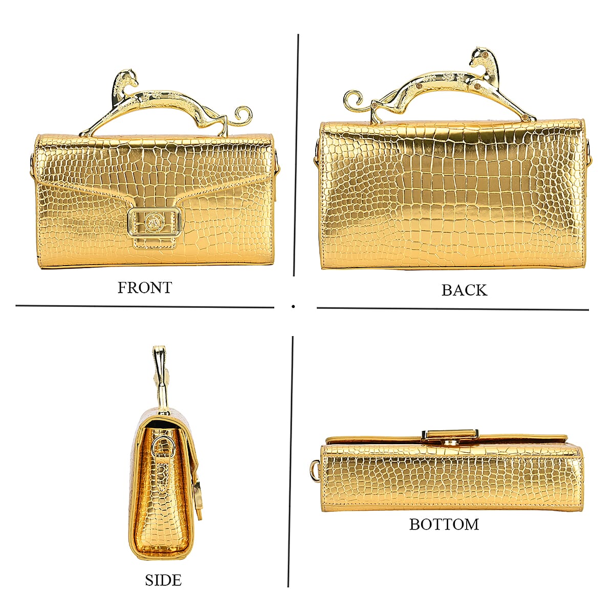 Gold Crocodile Embossed Faux Leather Crossbody Bag with Shoulder Strap image number 3