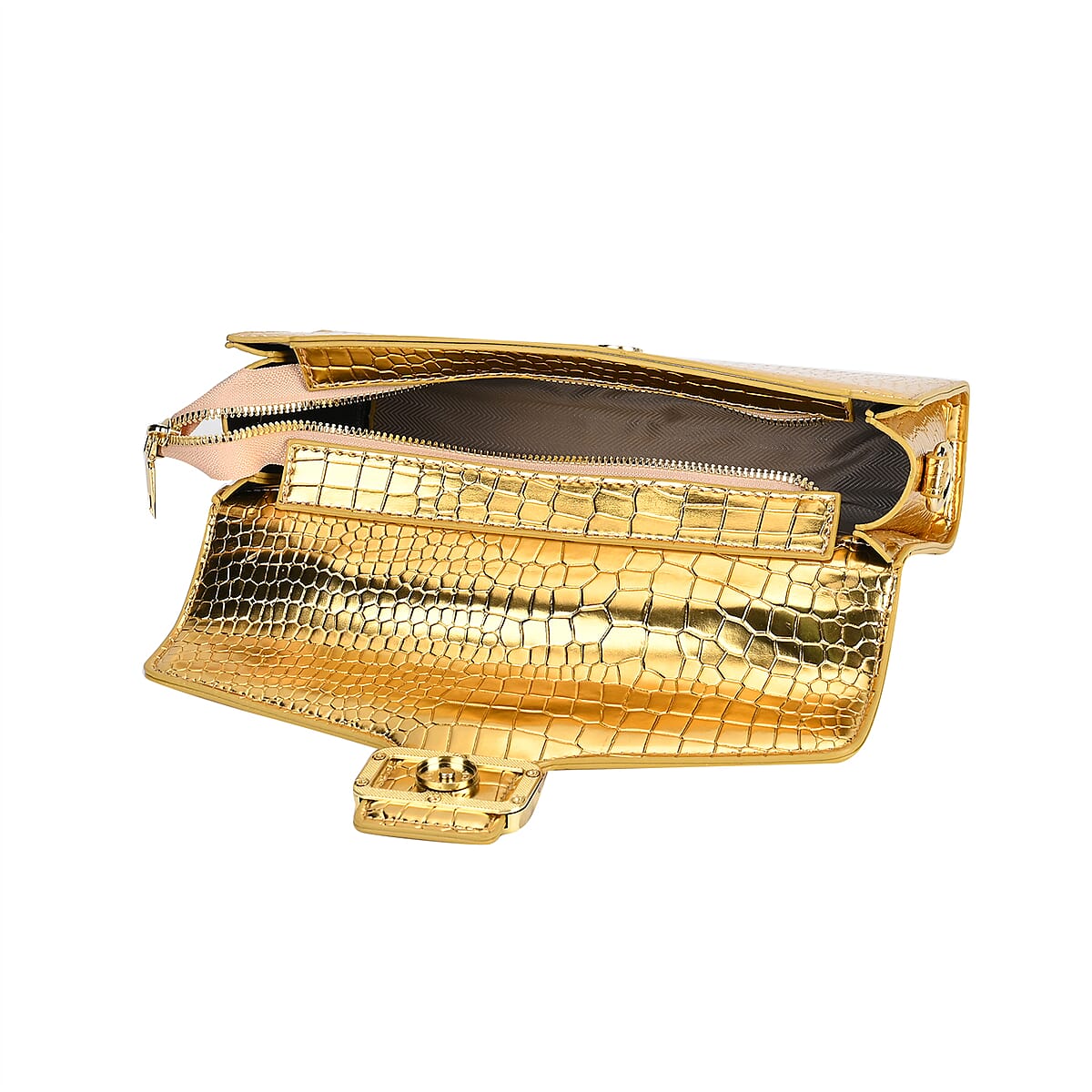 Gold Crocodile Embossed Faux Leather Crossbody Bag with Shoulder Strap image number 4