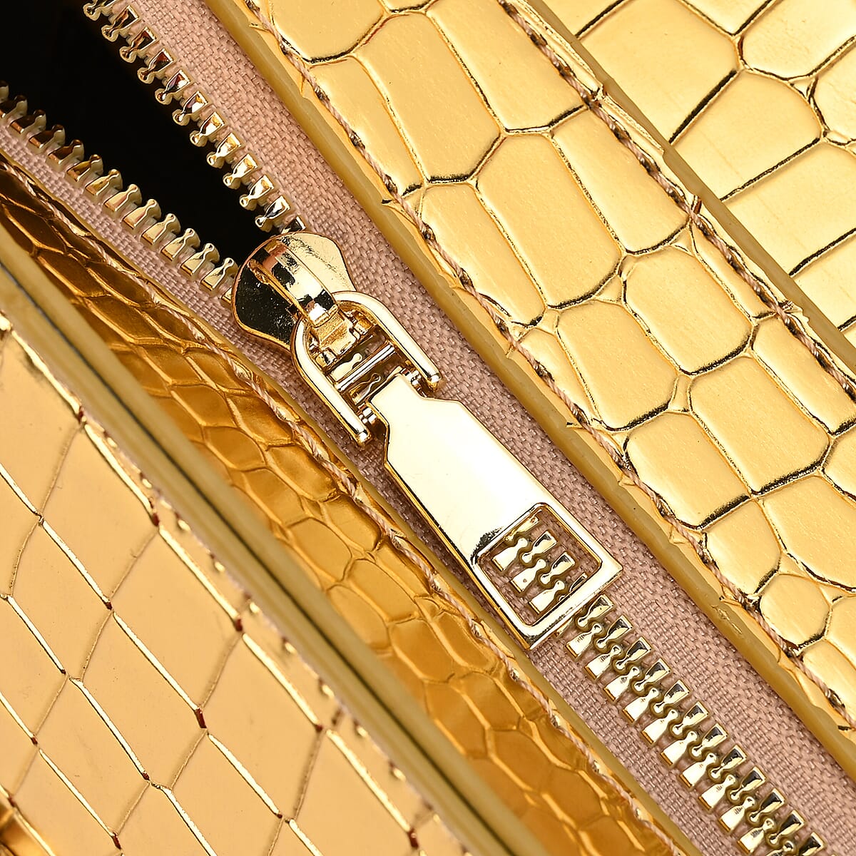 Gold Crocodile Embossed Faux Leather Crossbody Bag with Shoulder Strap image number 5