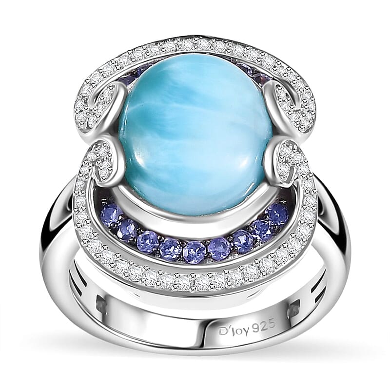 Larimar and Multi Gemstone 6.40 ctw Waves Splash Ring in Rhodium Over Sterling Silver (Size 10.0)