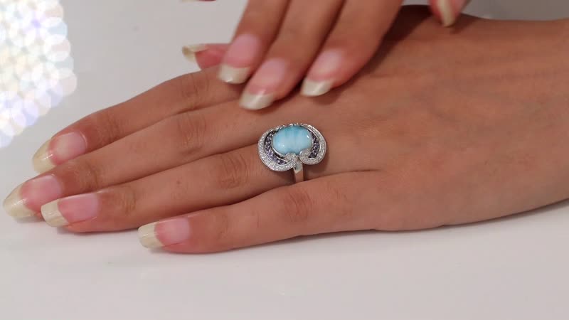 Larimar, Multi Gemstone Ring in Rhodium Over Sterling Silver (Size 7.0) 6.40 ctw