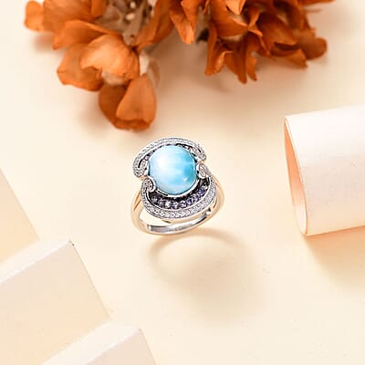 Larimar and Multi Gemstone 6.40 ctw Waves Splash Ring in Rhodium Over Sterling Silver (Size 10.0)