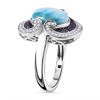 Larimar and Multi Gemstone 6.40 ctw Waves Splash Ring in Rhodium Over Sterling Silver (Size 10.0)