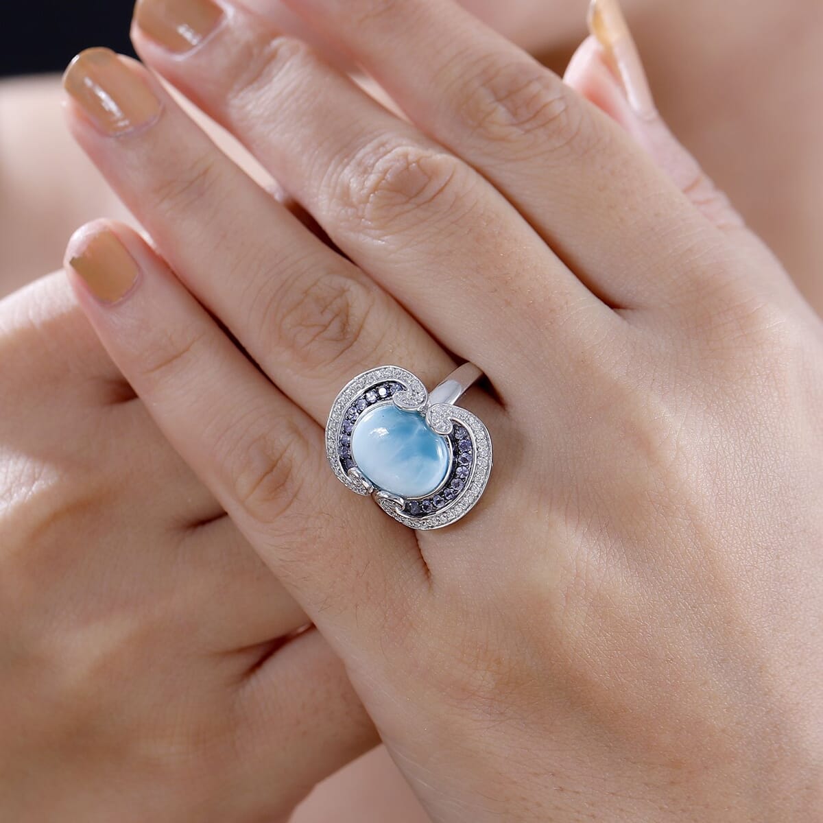 Larimar and Multi Gemstone 6.40 ctw Waves Splash Ring in Rhodium Over Sterling Silver (Size 9.0) image number 2