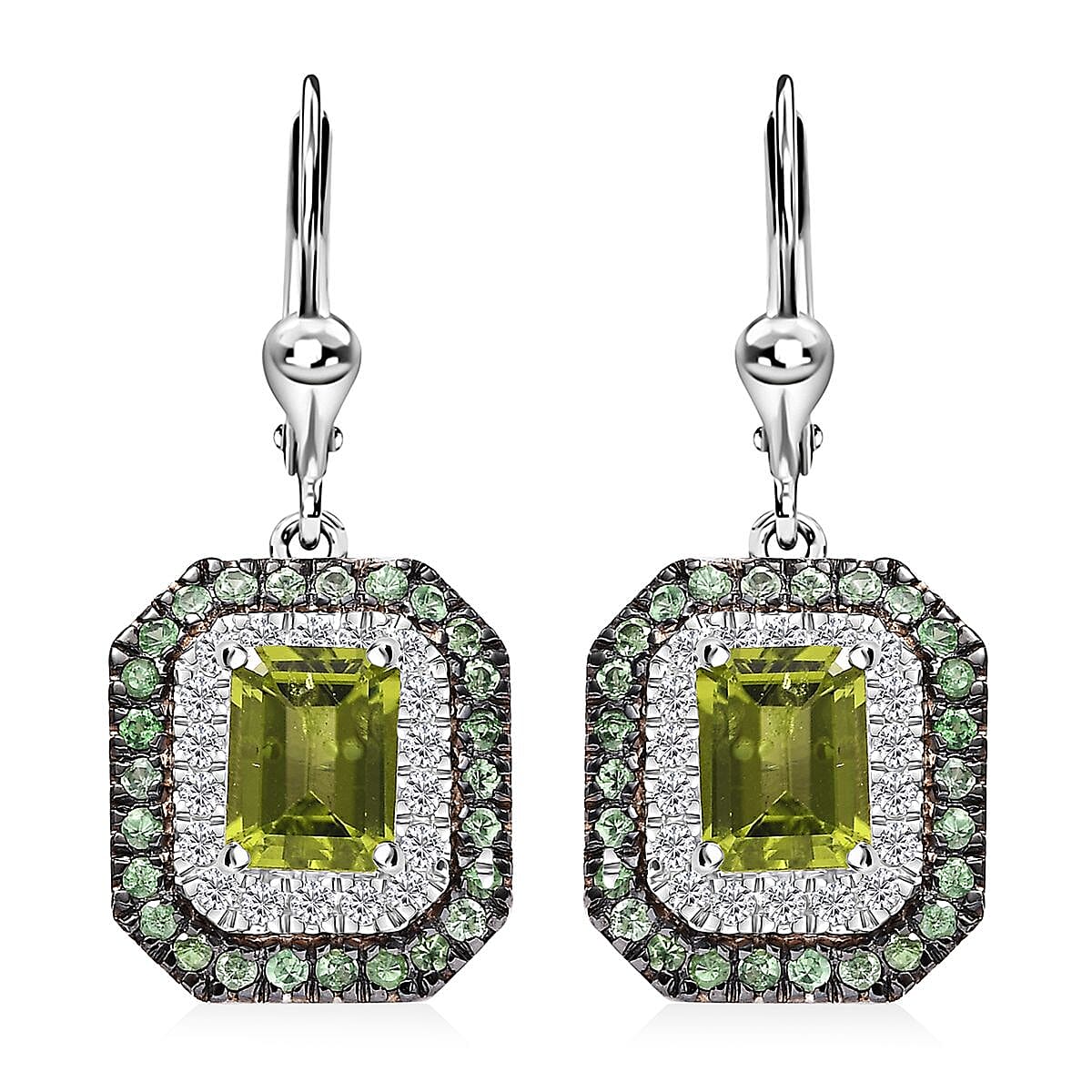 Peridot and Multi Gemstone 5.00 ctw Floral Double Halo Earrings in Rhodium Over Sterling Silver image number 0