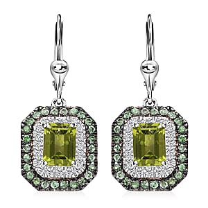 Peridot and Multi Gemstone 5.00 ctw Floral Double Halo Earrings in Rhodium Over Sterling Silver