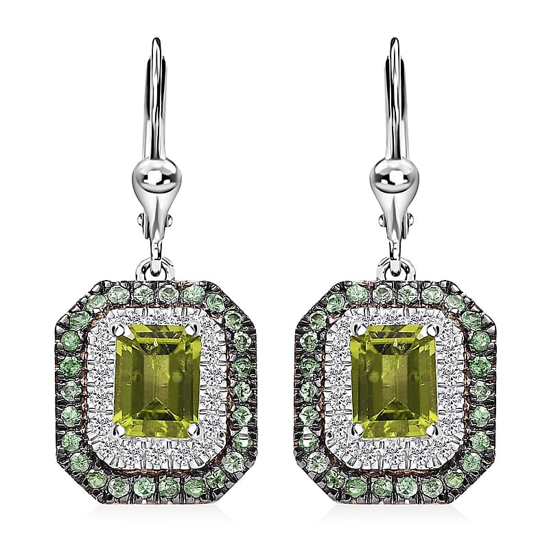 Peridot and Multi Gemstone 5.00 ctw Floral Double Halo Earrings in Rhodium Over Sterling Silver