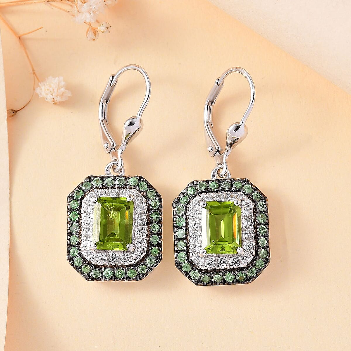Peridot and Multi Gemstone 5.00 ctw Floral Double Halo Earrings in Rhodium Over Sterling Silver image number 1