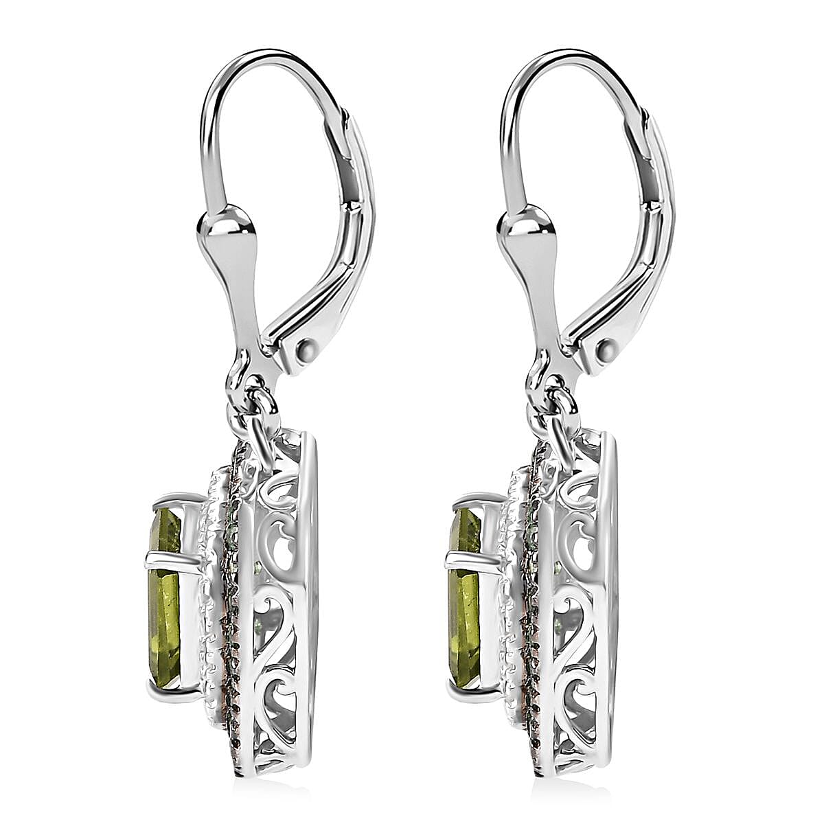 Peridot and Multi Gemstone 5.00 ctw Floral Double Halo Earrings in Rhodium Over Sterling Silver image number 2