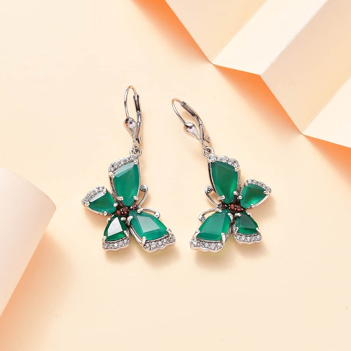 Verde Onyx, Brown and White Zircon 9.20 ctw Butterfly Earrings in Rhodium Over Sterling Silver image number 1