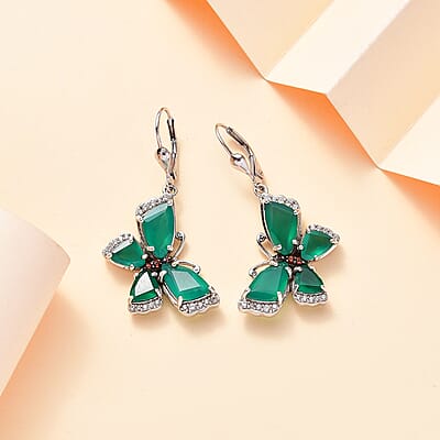 Verde Onyx, Brown and White Zircon 9.20 ctw Butterfly Earrings in Rhodium Over Sterling Silver