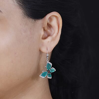 Verde Onyx, Brown and White Zircon 9.20 ctw Butterfly Earrings in Rhodium Over Sterling Silver