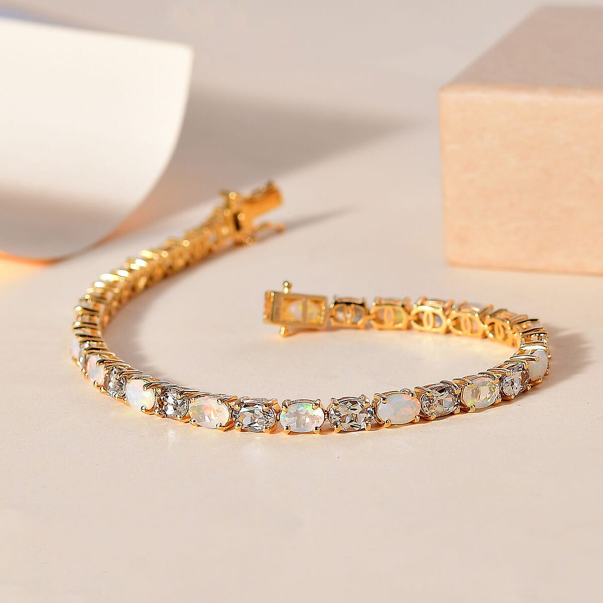 AAA Turkizite and Premium Ethiopian Welo Opal 12.20 ctw Tennis Bracelet in 18K Vermeil Yellow Gold Over Sterling Silver (8.00 In) image number 1