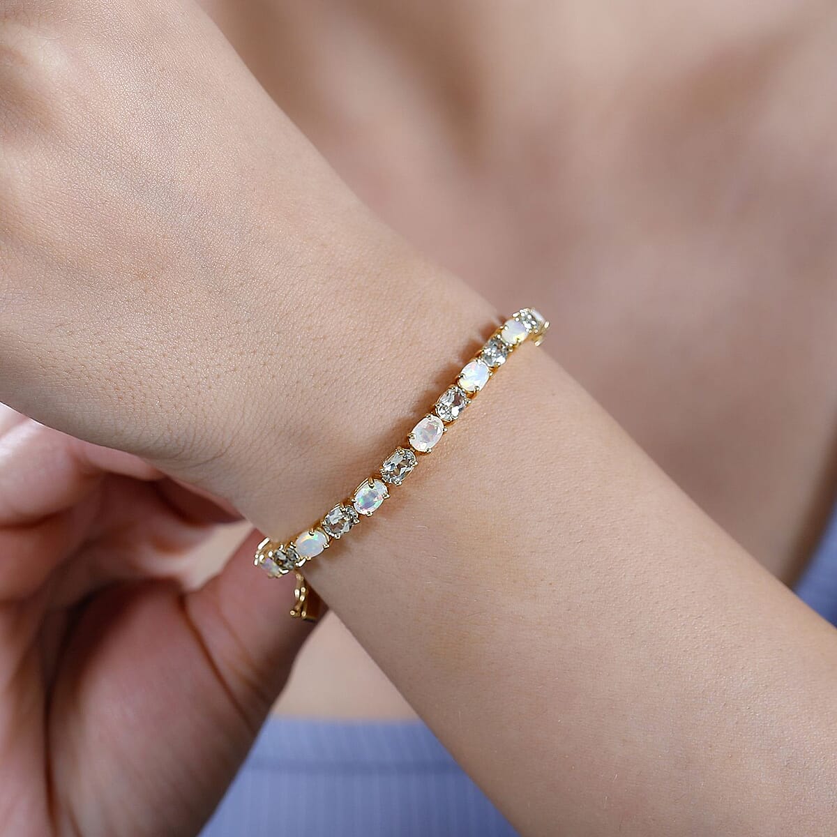 AAA Turkizite and Premium Ethiopian Welo Opal 12.20 ctw Tennis Bracelet in 18K Vermeil Yellow Gold Over Sterling Silver (8.00 In) image number 3