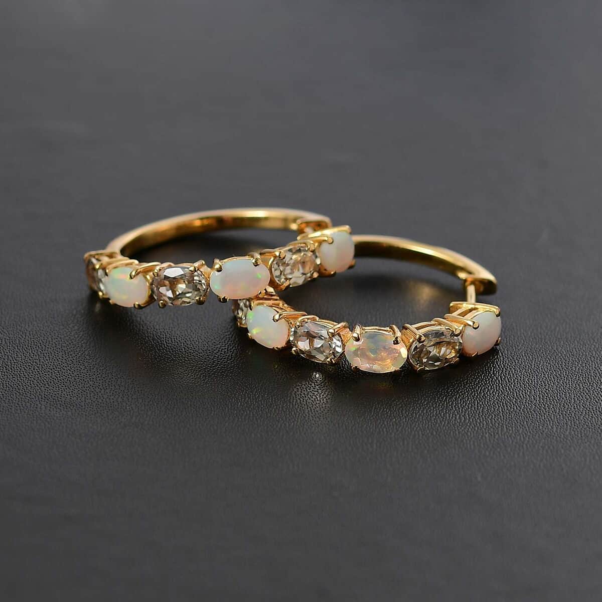 AAA Turkizite and Premium Ethiopian Welo Opal 4.90 ctw Hoop Earrings in 18K Vermeil Yellow Gold Over Sterling Silver image number 1