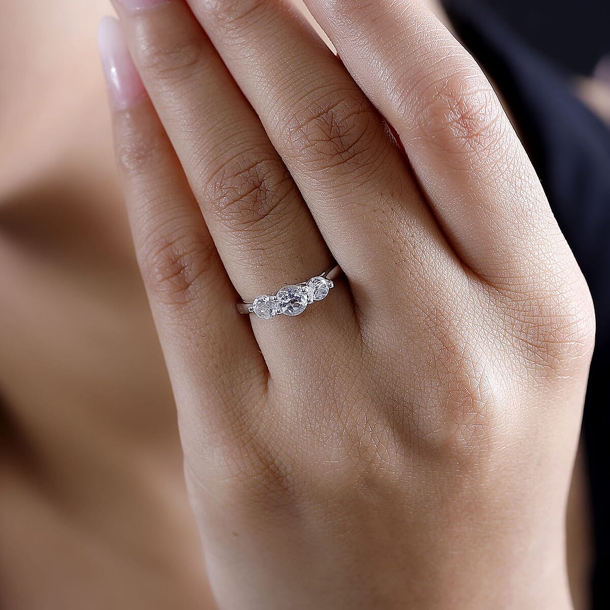 Karis White Topaz 1.30 ctw 3 Stone Ring in Platinum Bond (Size 5.0)  image number 2