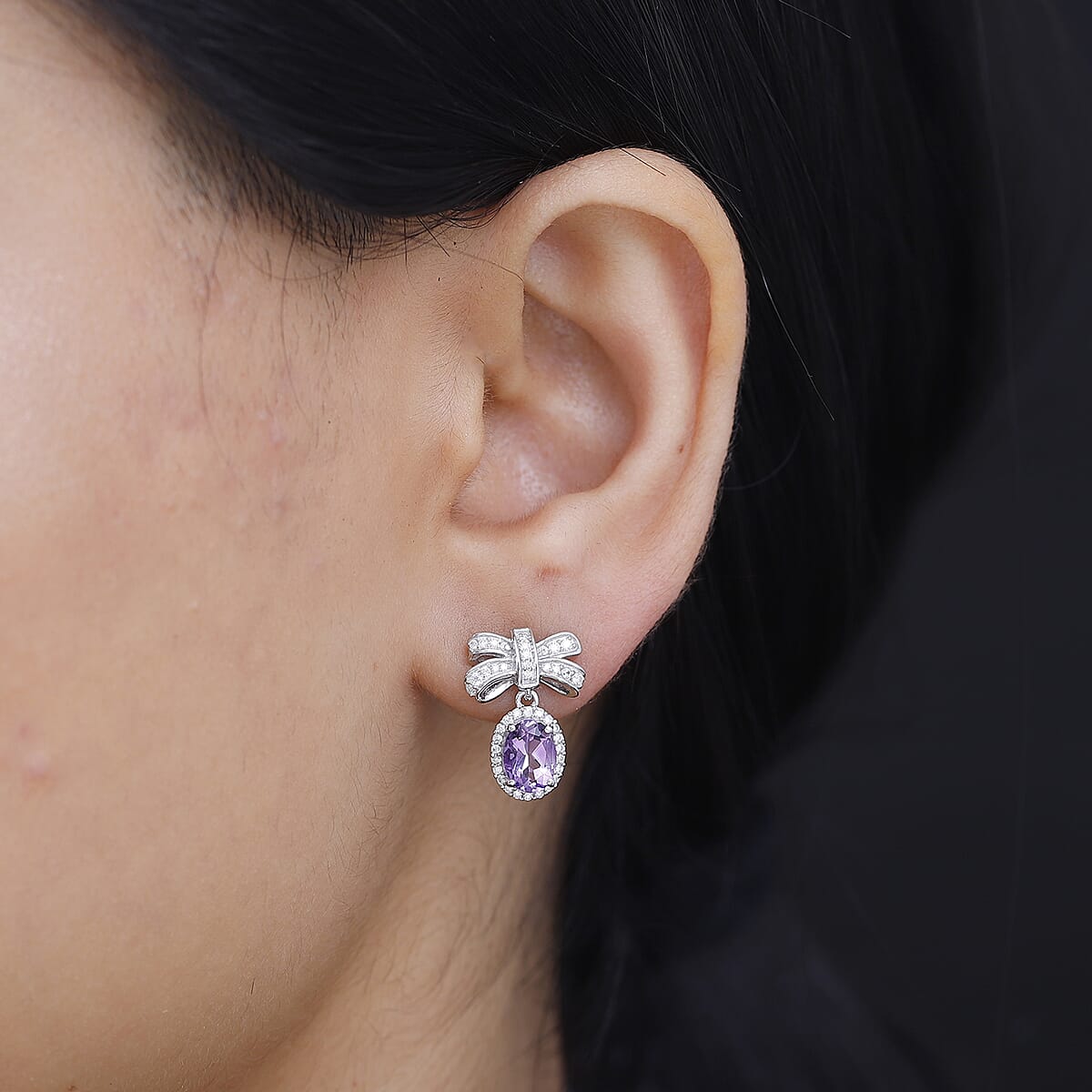 Moroccan Rose and Moissanite 2.00 ctw Love Bow Earrings in Rhodium Over Sterling Silver image number 2