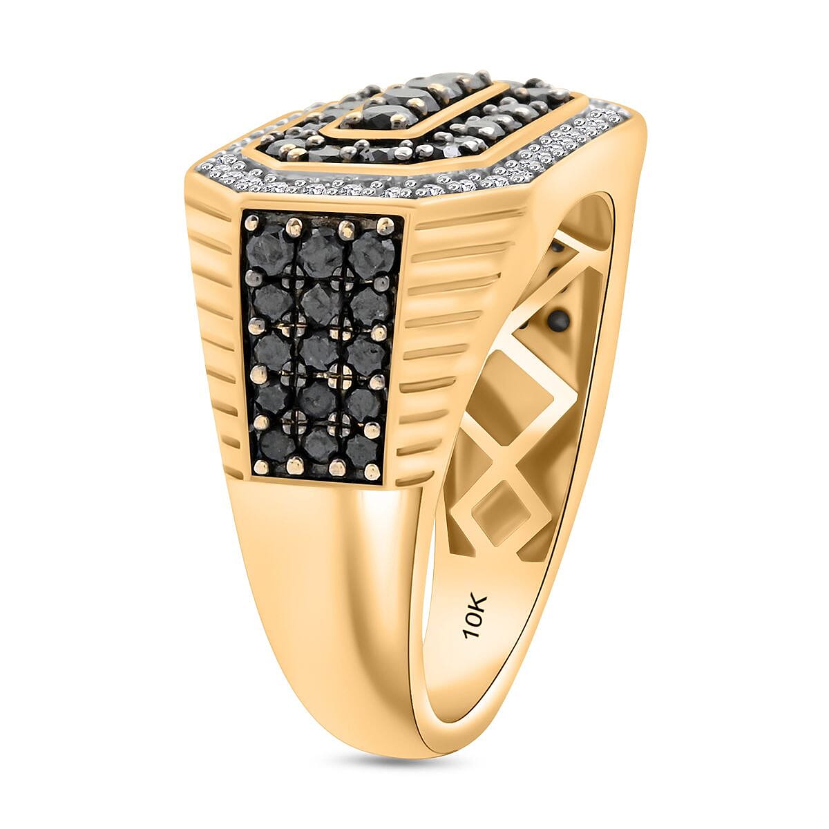 Black and White Diamond I2 2.00 ctw Men's Ring in 10K Yellow Gold (Size 9.5) 7.25 Grams image number 3