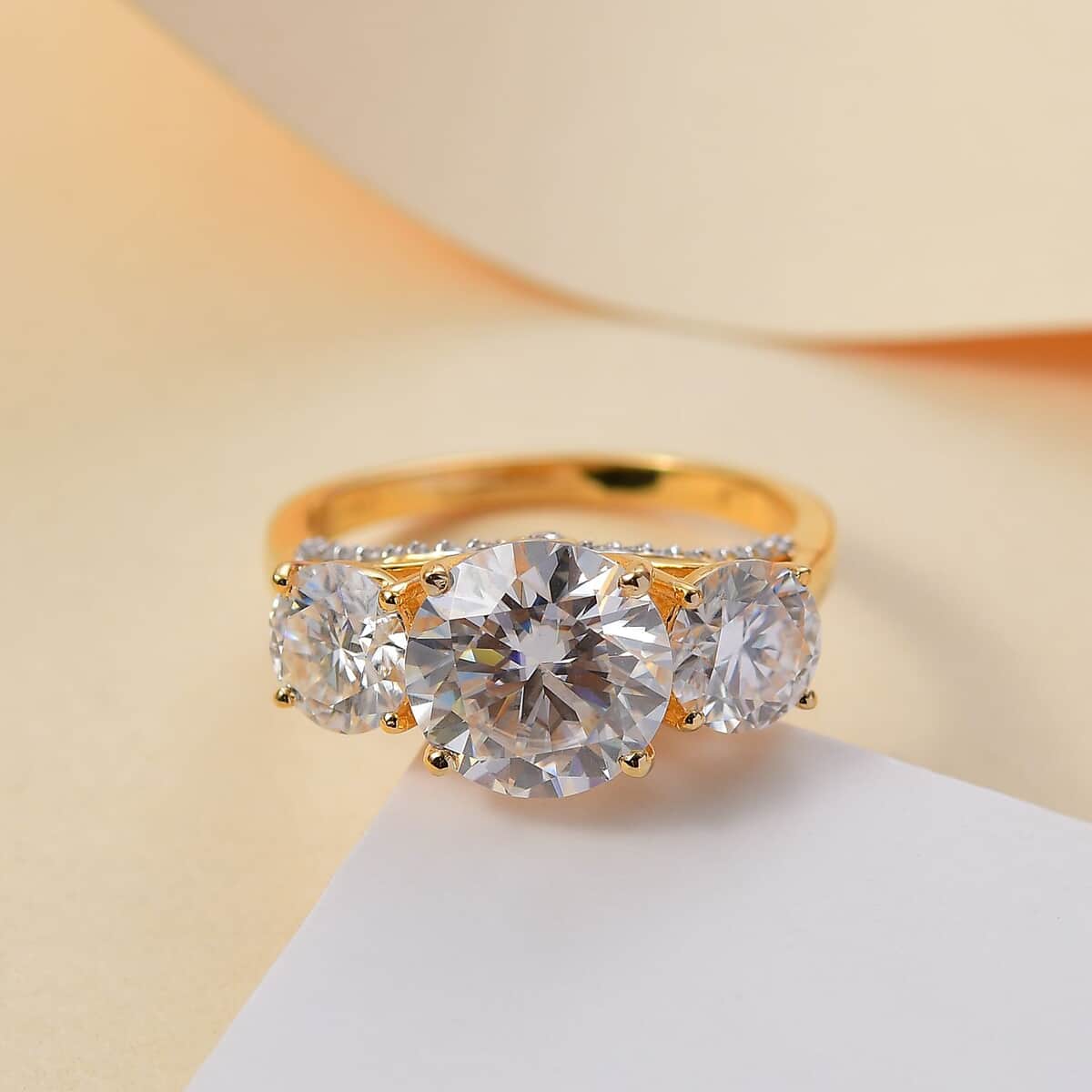 Moissanite 4.75 ctw Trilogy Ring in 18K Vermeil Yellow Gold Over Sterling Silver (Size 10.0) image number 1