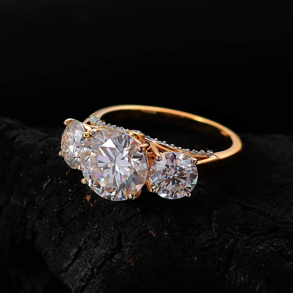 Moissanite 4.75 ctw Trilogy Ring in 18K Vermeil Yellow Gold Over Sterling Silver (Size 10.0) image number 2