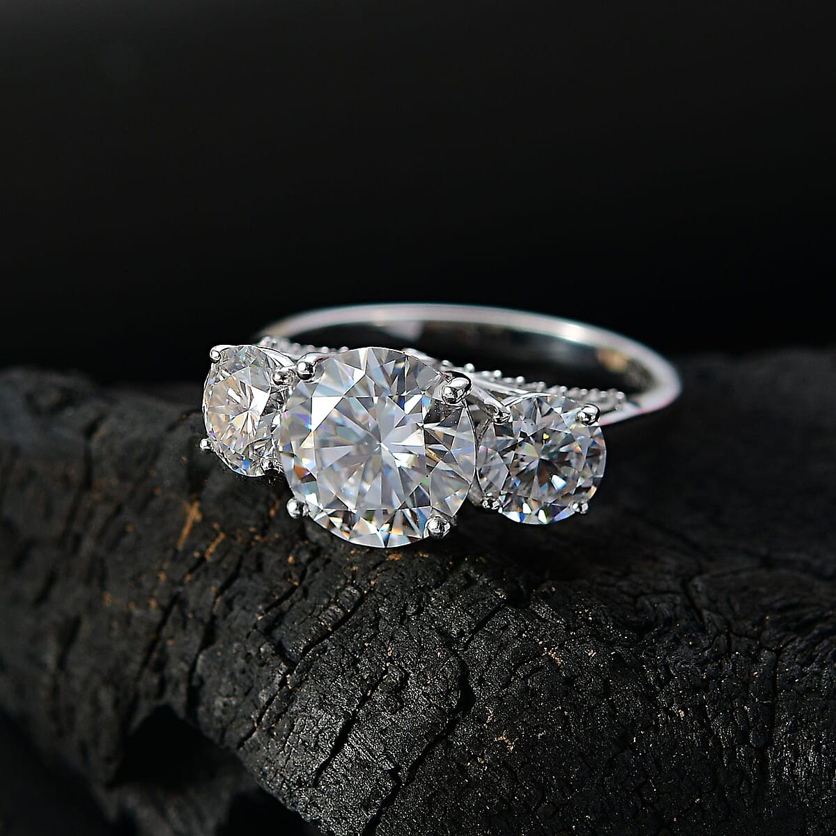 Moissanite 4.75 ctw Trilogy Ring in Rhodium Over Sterling Silver (Size 11.0) image number 2