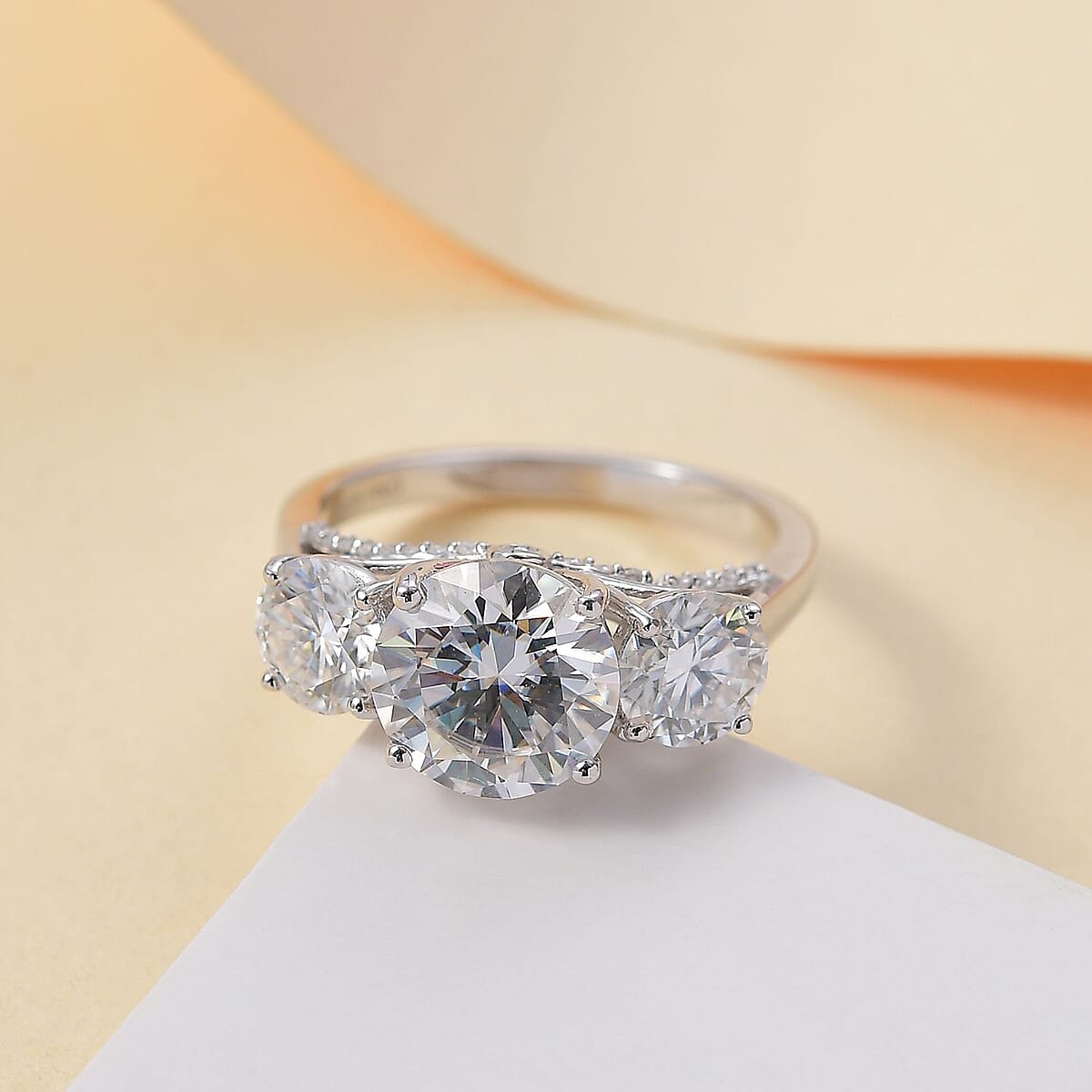 D'Joy Moissanite 4.75 ctw Trilogy Ring in Rhodium Over Sterling Silver (Size 6.0) image number 1