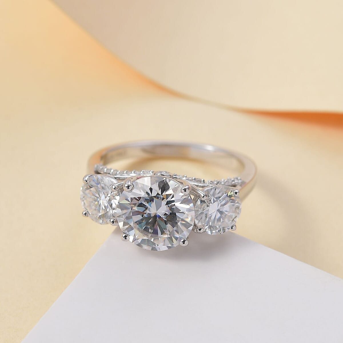 Moissanite 4.75 ctw Trilogy Ring in Rhodium Over Sterling Silver (Size 7.0) image number 1