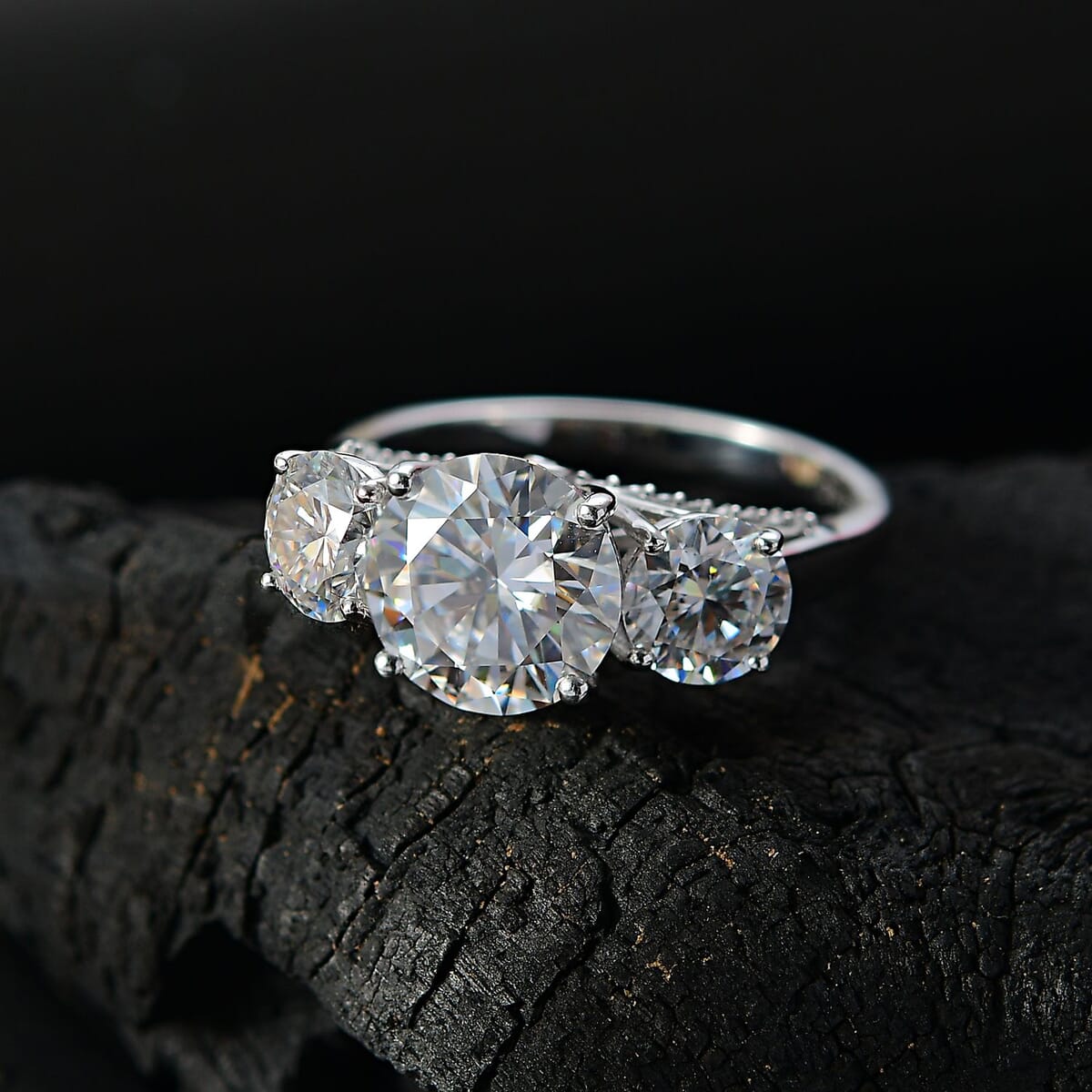 Moissanite 4.75 ctw Trilogy Ring in Rhodium Over Sterling Silver (Size 7.0) image number 2