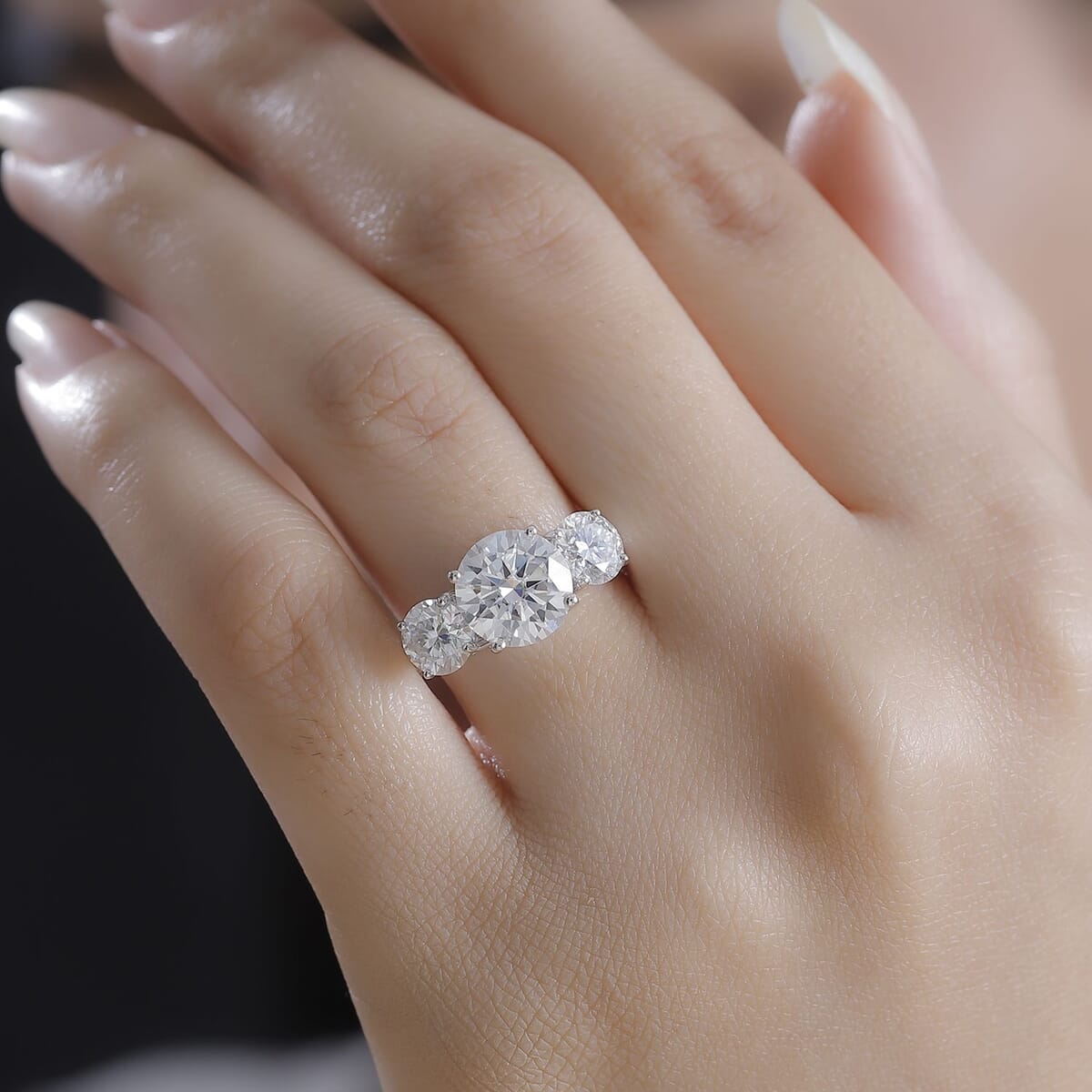 Moissanite 4.75 ctw Trilogy Ring in Rhodium Over Sterling Silver (Size 7.0) image number 3