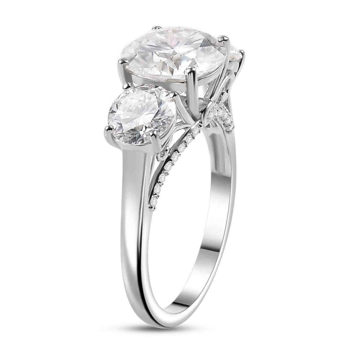 Moissanite 4.75 ctw Trilogy Ring in Rhodium Over Sterling Silver (Size 7.0) image number 4