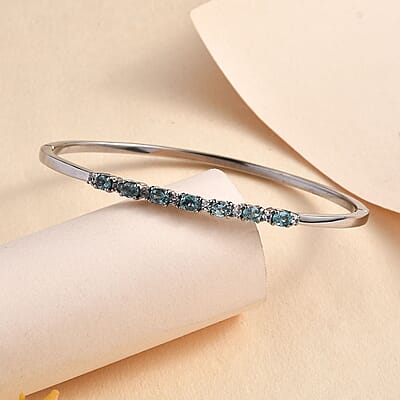 Betroka Blue Apatite and White Zircon 1.65 ctw Bangle Bracelet in Stainless Steel (7.25 In)