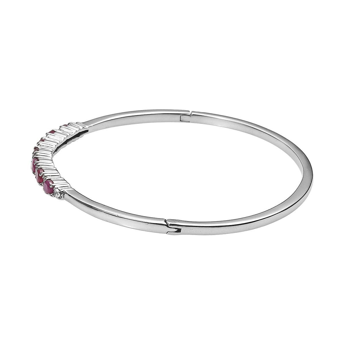 Niassa Ruby (FF) and White Zircon 2.60 ctw Bangle Bracelet in Stainless Steel (7.25 In) image number 3