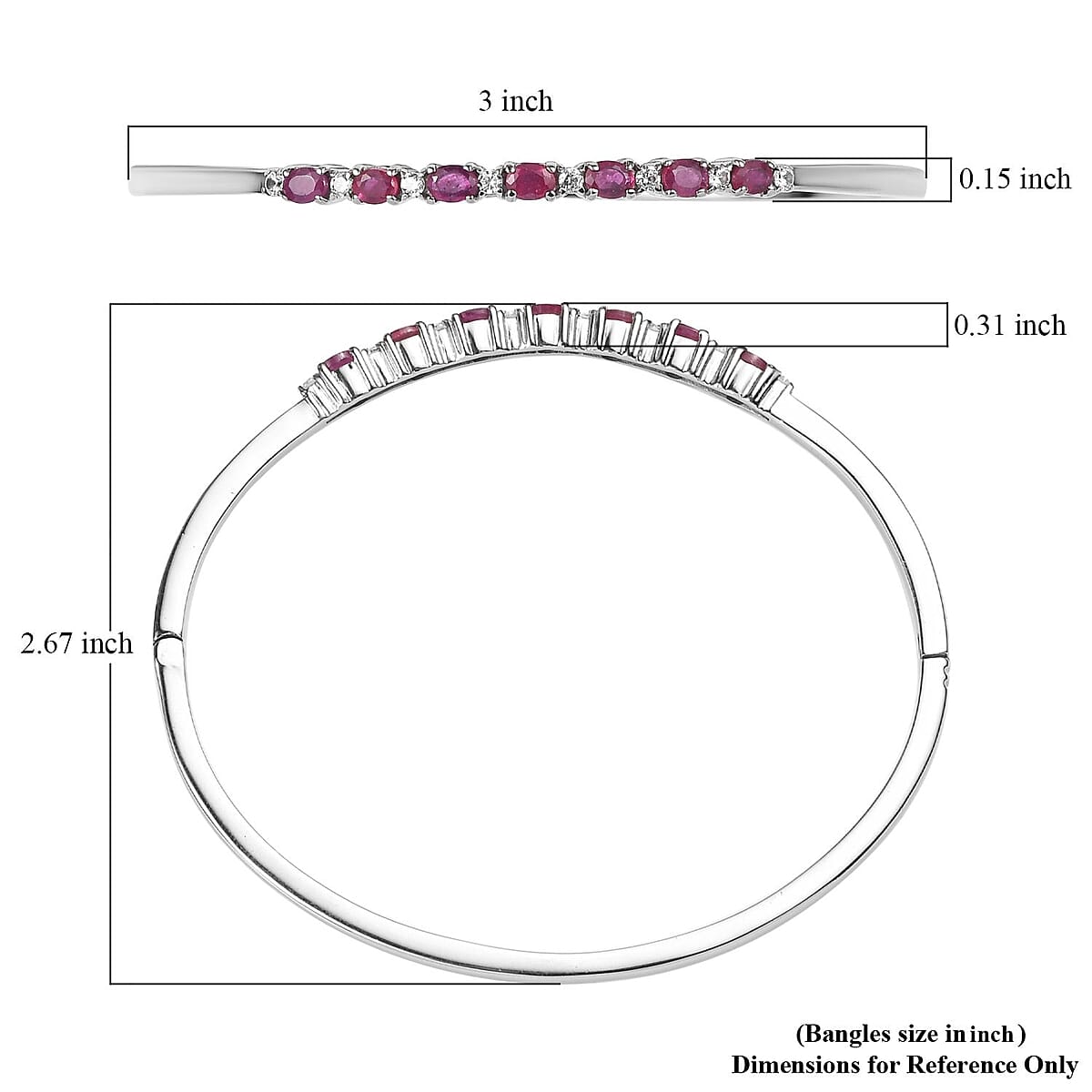 Niassa Ruby (FF) and White Zircon 2.60 ctw Bangle Bracelet in Stainless Steel (7.25 In) image number 5