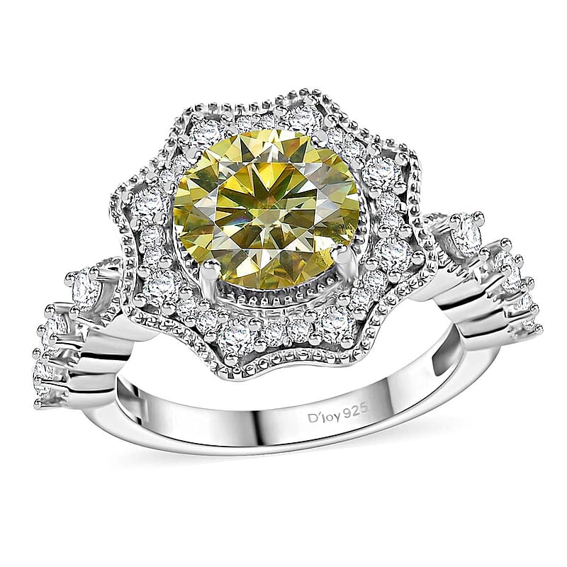 Yellow and White Moissanite 2.30 ctw Sunflower Ring in Rhodium Over Sterling Silver (Size 10.0)