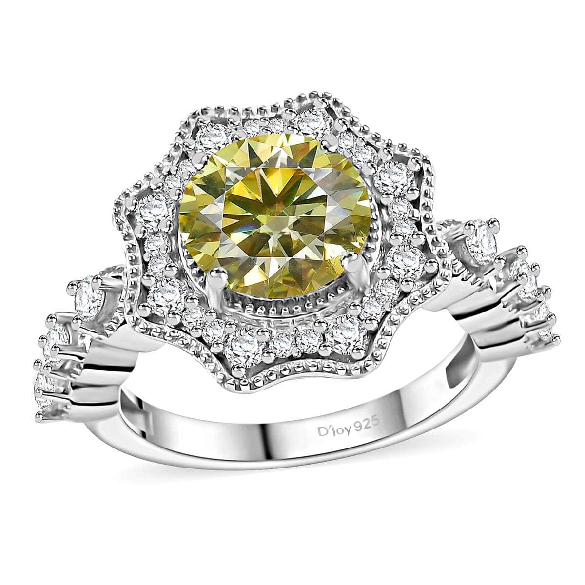 Yellow and White Moissanite 2.30 ctw Sunflower Ring in Rhodium Over Sterling Silver (Size 7.0) image number 0