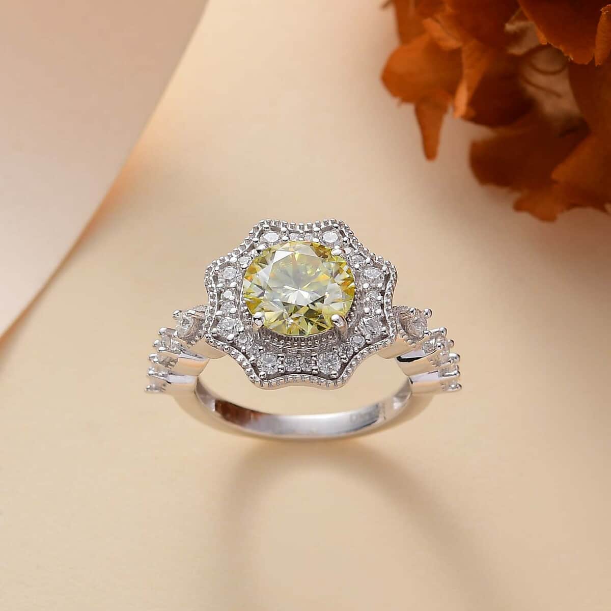 Yellow and White Moissanite 2.30 ctw Sunflower Ring in Rhodium Over Sterling Silver (Size 7.0) image number 1