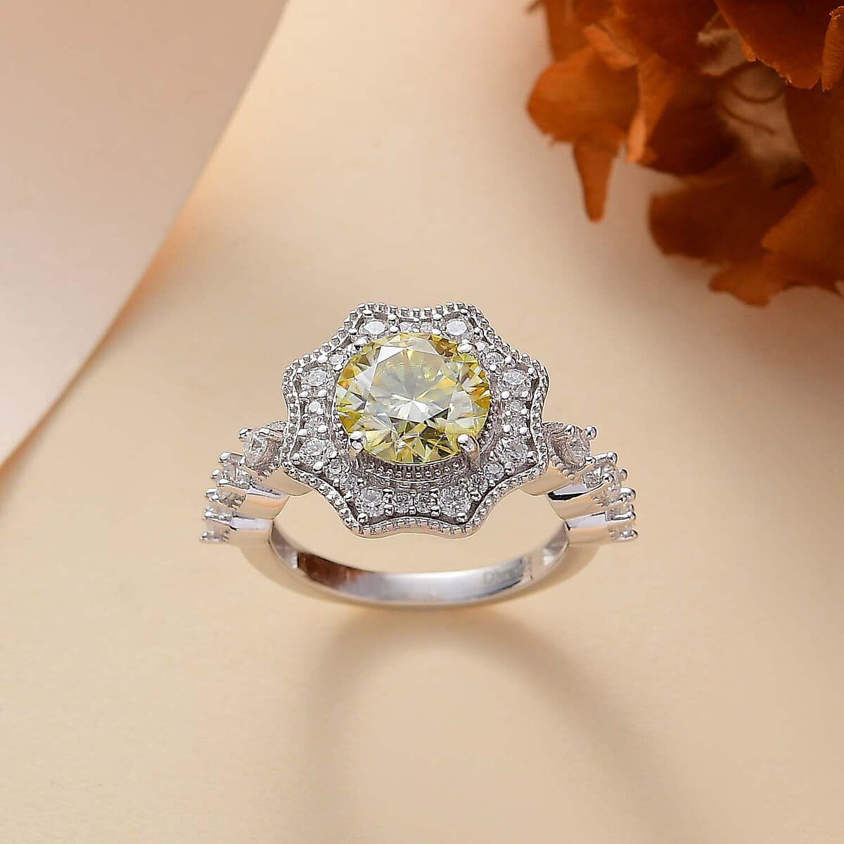 Yellow and White Moissanite 2.30 ctw Sunflower Ring in Rhodium Over Sterling Silver (Size 9.0) image number 1