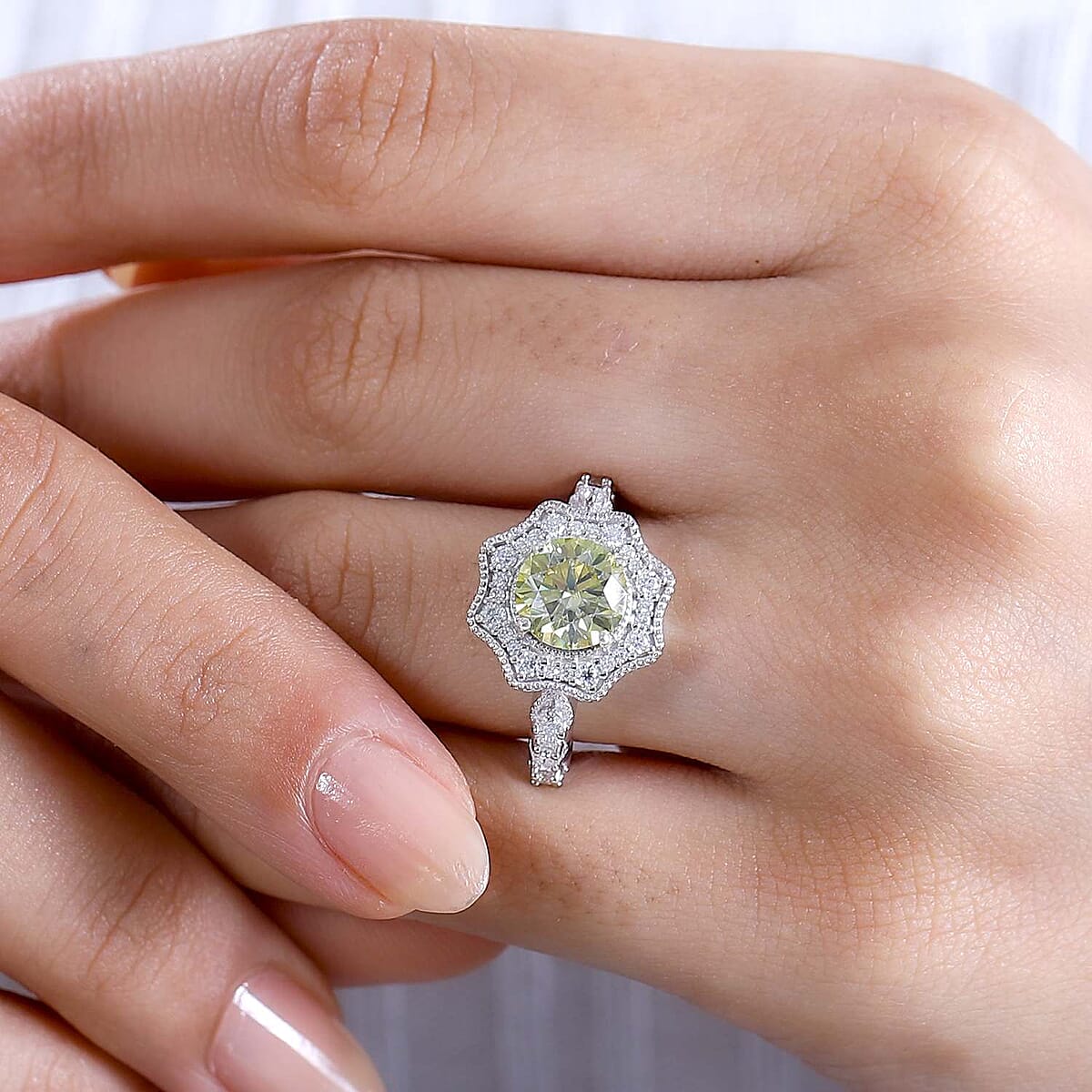 Yellow and White Moissanite 2.30 ctw Sunflower Ring in Rhodium Over Sterling Silver (Size 9.0) image number 2