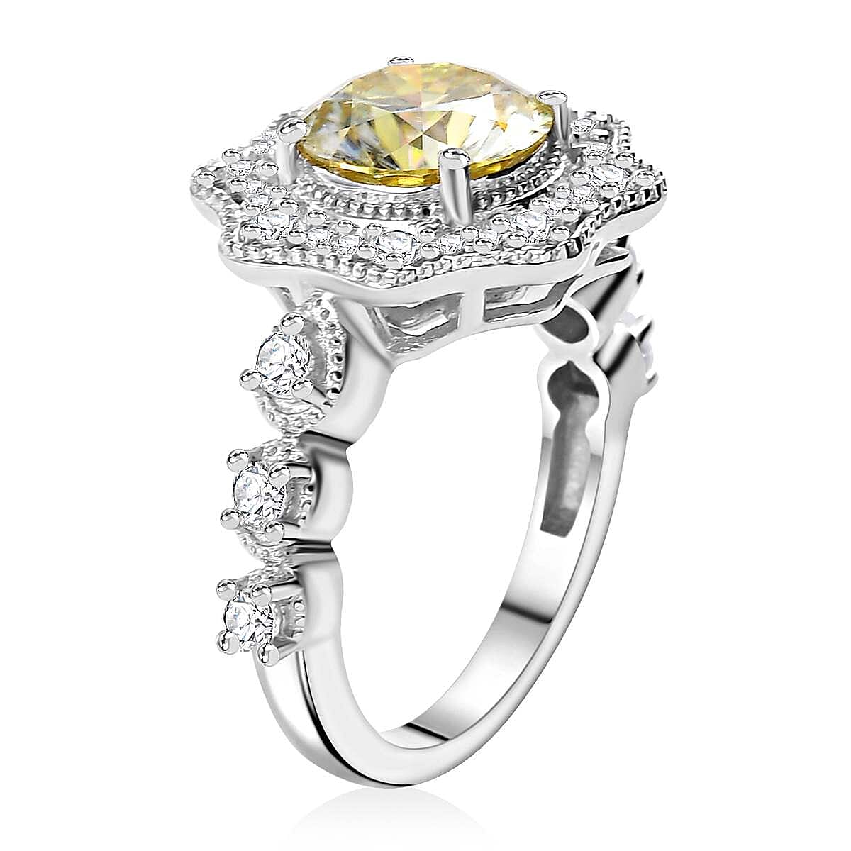 Yellow and White Moissanite 2.30 ctw Sunflower Ring in Rhodium Over Sterling Silver (Size 9.0) image number 3