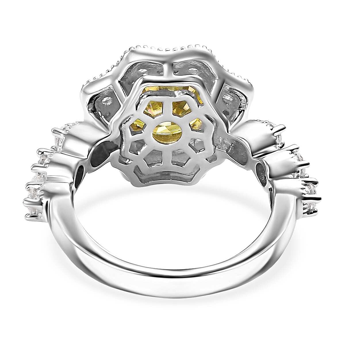 Yellow and White Moissanite 2.30 ctw Sunflower Ring in Rhodium Over Sterling Silver (Size 9.0) image number 4