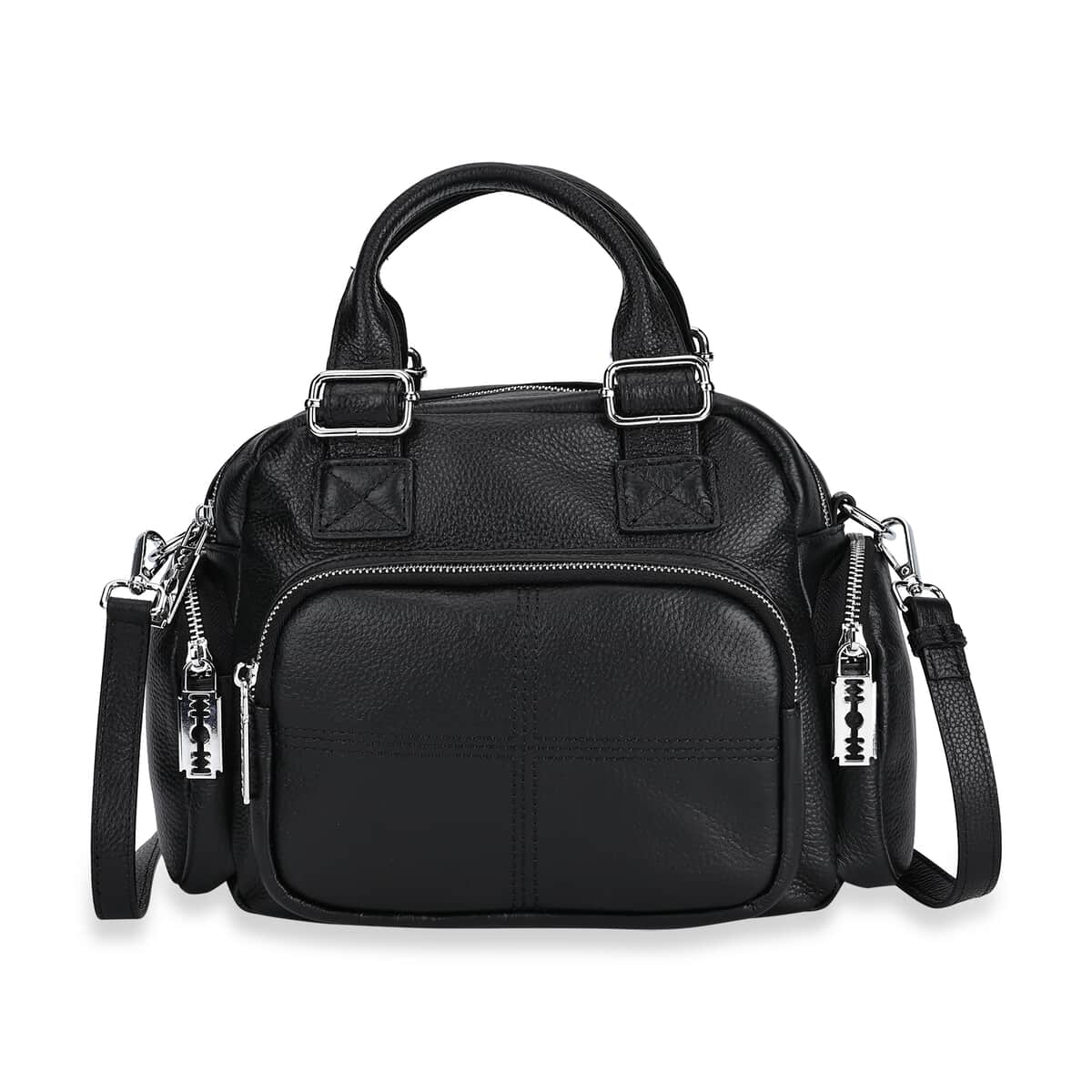 Black Genuine Leather Crossbody Bag with Handle Drop (3.9'') and Shoulder Strap image number 0