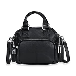 Black Genuine Leather Crossbody Bag with Handle Drop (3.9'') and Shoulder Strap