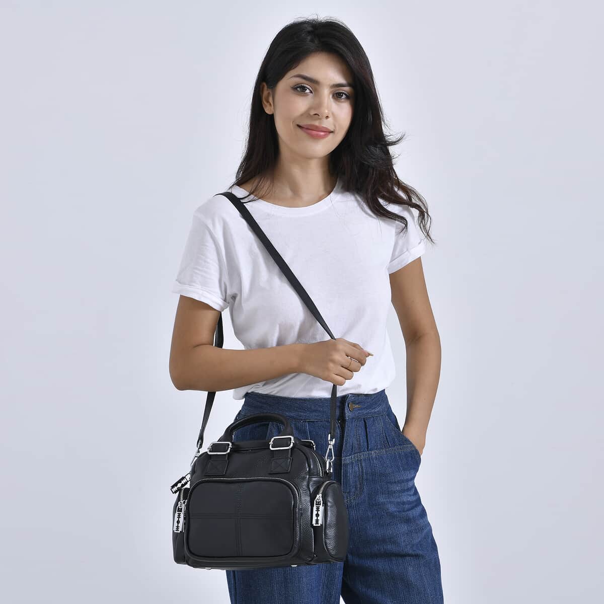 Black Genuine Leather Crossbody Bag with Handle Drop (3.9'') and Shoulder Strap image number 1