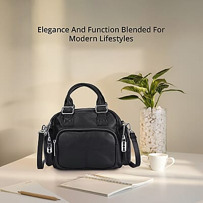Black Genuine Leather Crossbody Bag with Handle Drop (3.9'') and Shoulder Strap