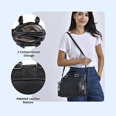 Black Genuine Leather Crossbody Bag with Handle Drop (3.9'') and Shoulder Strap