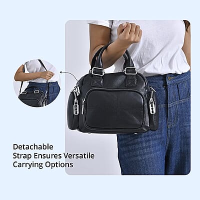 Black Genuine Leather Crossbody Bag with Handle Drop (3.9'') and Shoulder Strap