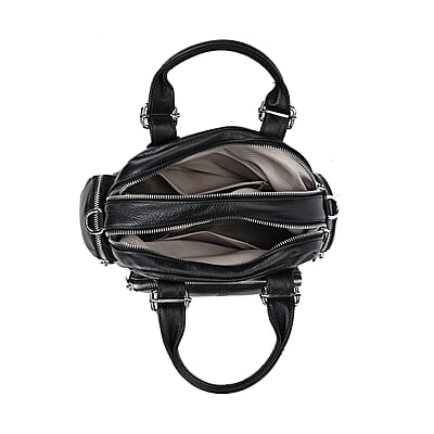 Black Genuine Leather Crossbody Bag with Handle Drop (3.9'') and Shoulder Strap